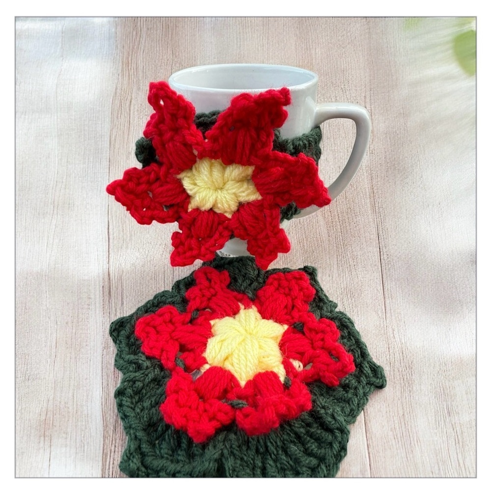 Handmade Crochet Poinsettia Coaster & Mug Cozy Set